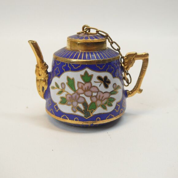 Miniature Cloisonne Brass Enamel Floral Teaset Teapot Tea Cups Vintage - Picture 9 of 13